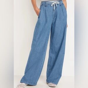 OLD NAVY Super Wide-Leg Drapey‎ Jeans Women’s 12 Blue Drawcord Pleated Comfy